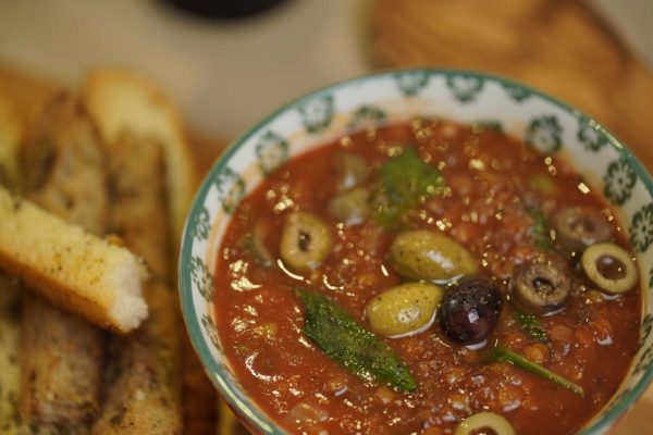 Olive and Lentil Soup with Tomatoes & Spinach