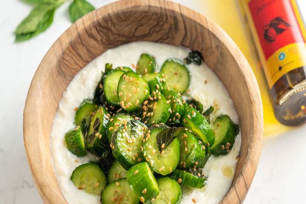 Cucumber yogurt salad with Zejd chili infused oil